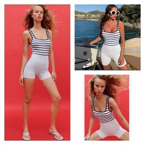 NWT ZARA Navy Blue White Seamless Striped Jumpsuit Romper Size M/L Blogger Fave